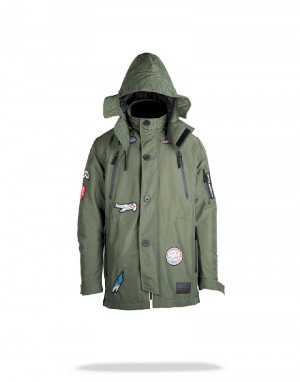 Îmbrăcăminte Exterioară Sprayground Green Army Patches Long Parka Hoody Mens (Size Small) | 439012-DVS